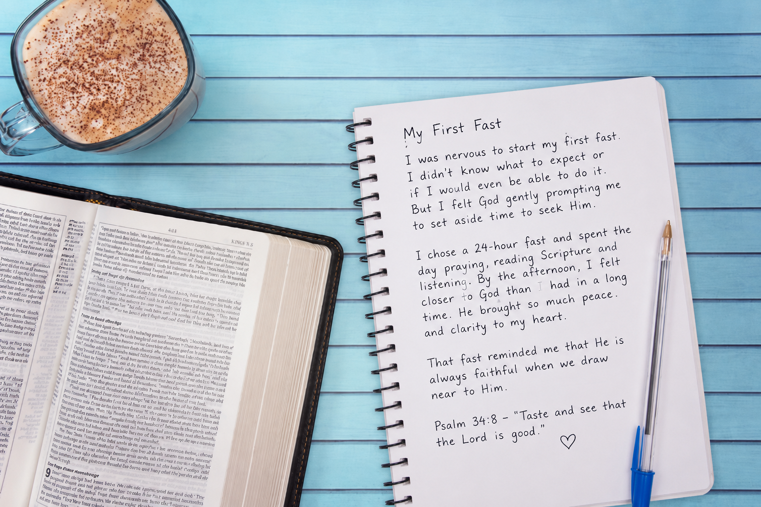 Christian testimony journal describing a first fasting experience beside an open Bible