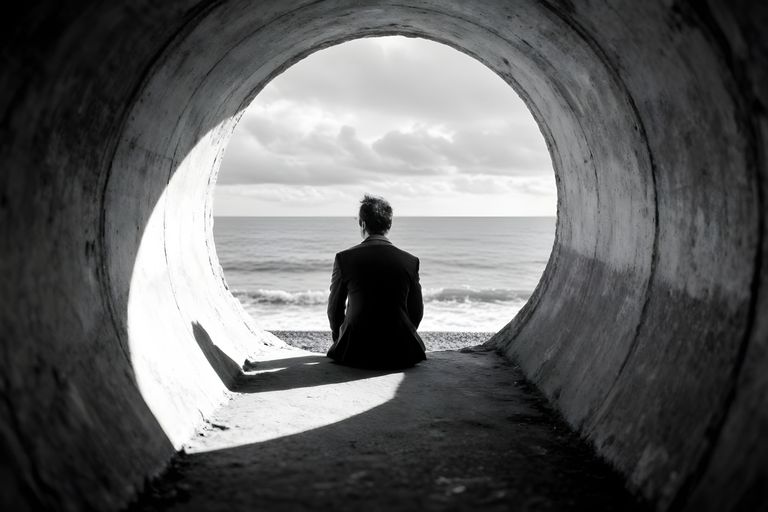 A lone person in a tunnel gazes at the ocean, evoking solitude.