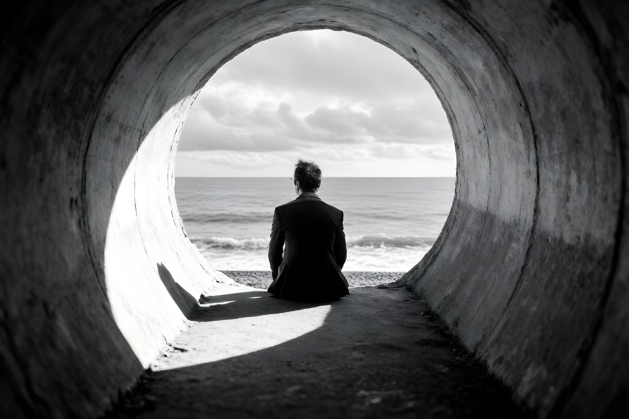 A lone person in a tunnel gazes at the ocean, evoking solitude.